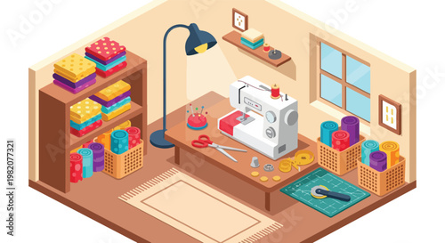 An isometric view of a cozy room with a sewing machine, fabrics, and craft tools