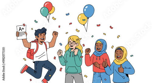 Happy diverse students celebrating academic success with balloons and confetti
