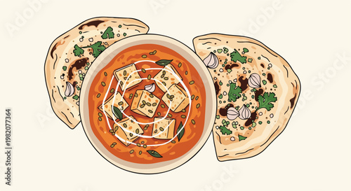 Bowl of paneer curry served with two pieces of naan bread on a light background