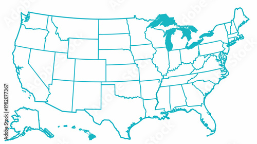 Teal outline of the United States map with states and Great Lakes displayed on white