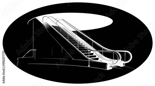 High-contrast escalator illustration in black and white, enclosed within an oval frame