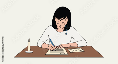 A crying woman sits at a desk writing a letter with a candle lit beside her