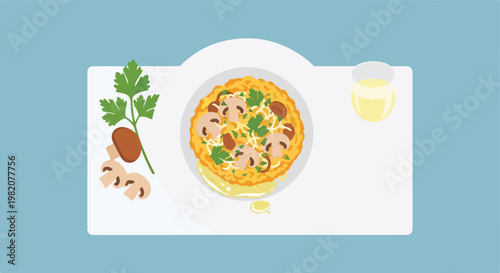 Flat vector illustration of mushroom risotto served with herbs and white wine