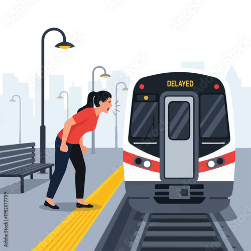 Angry woman shouting at a delayed train on a city subway station platform
