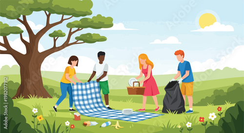 Diverse group of people cleaning litter and setting up a picnic in a park field