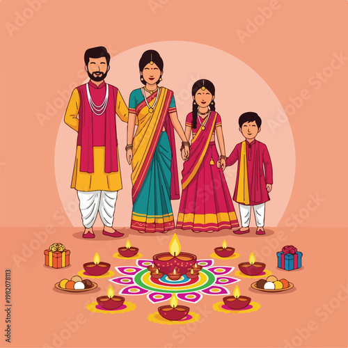 Indian family in traditional clothes stands behind a festive rangoli and oil lamps
