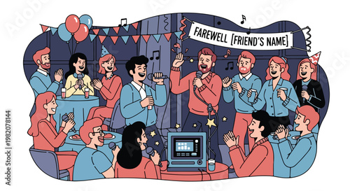 People celebrate a farewell party singing karaoke together at a lively bar event