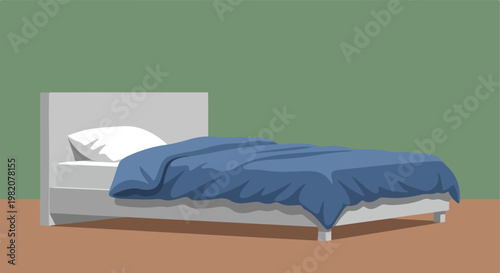 A minimalist illustration of a single bed with a blue duvet against green wall
