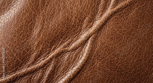 A macro photograph of a textured brown leather surface showing complex branching creases and a detailed pebbled grain pattern under light.