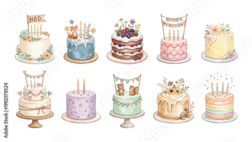 Watercolor Birthday Cake Clipart Set — 10 Cute Celebration & Party Cake Illustration