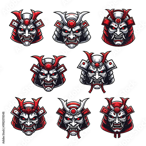 Set of eight detailed samurai warrior mask illustrations.