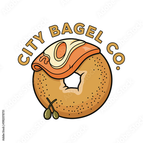 City Bagel Co Logo with Smoked Salmon and Capers Illustration.