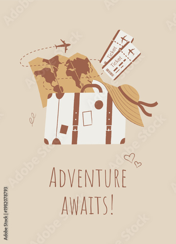 Hand drawn flat style postcard with suitcase, hat, tickets and map with the text Adventure awaits. Vintage color palette with rough edges. Vector design for travel invitations, wanderlust content.