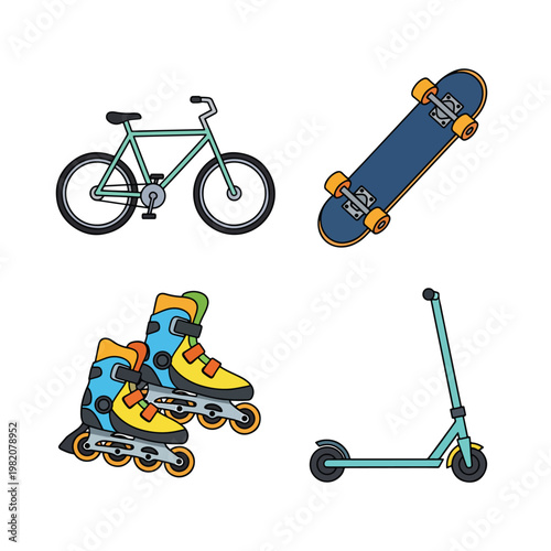 Collection of various urban transportation and recreational sports equipment illustrations.