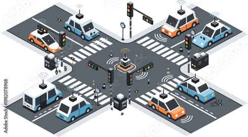 Isometric Vector Illustration of a Smart City Intersection with Autonomous Self-Driving Cars, Intelligent Traffic Management, and IoT Connected Infrastructure