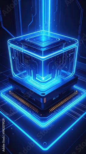A glowing blue cube with intricate circuitry represents advanced technology and data processing.