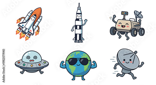 Space Exploration Technology Character Set with Rocket Space Shuttle Satellite Dish Rover and Planet Earth Kawaii Mascot Vector Illustration