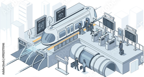 Futuristic Isometric Train Station with High-Speed Rail and Passengers; Clean Minimalist Vector of Urban Transport Hub and Smart City Infrastructure.
