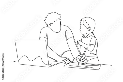 Teacher And Student Learning Together Happily. Passing on Knowledge Concept. Single line draw design. Vector graphic illustration