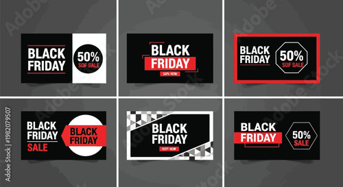 Black Friday sale labels, discount icons, 50% off badges