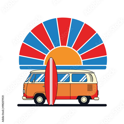 Retro orange camper van with surfboard illustration.