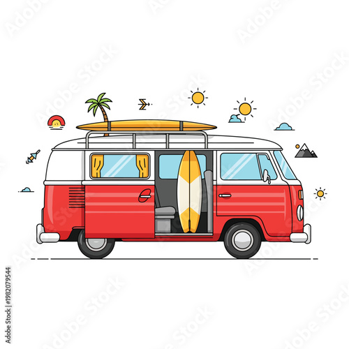 Retro red camper van with surfboard for summer road trip travel.