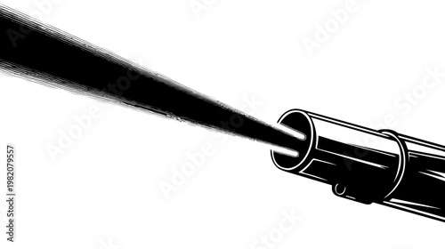 Black and white stylized ray emitting from a metallic cylindrical object, side view