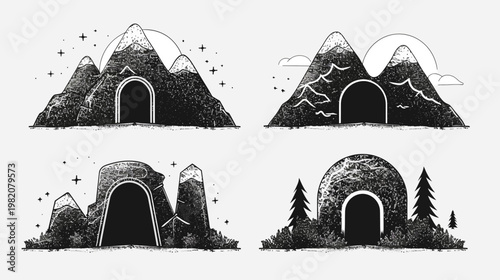 Stylized mountain and cave entrances with varied textures and simplistic trees, stars, and clouds