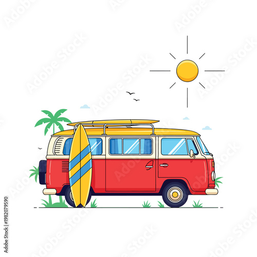 Retro vintage camper van with surfboards on a sunny beach trip.