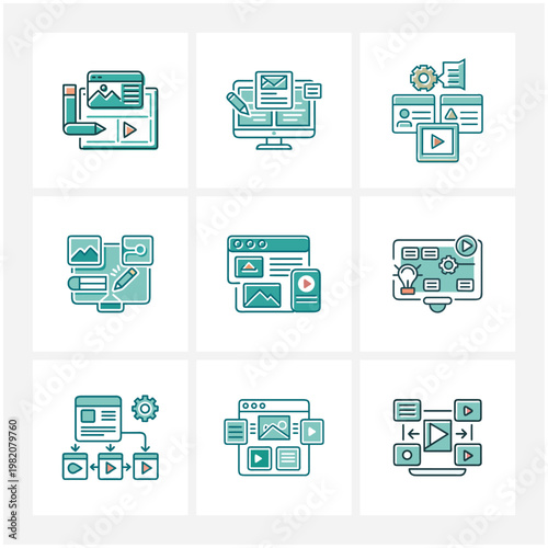 Collection of line icons representing digital content creation and online media management workflow