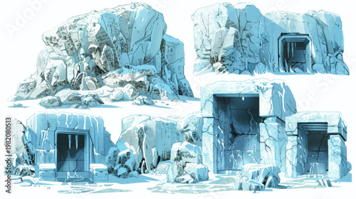 Cartoonish ice formations with cave-like entrances, illustrated in cool blue hues