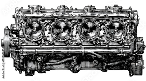 Intricate monochrome illustration of a metallic engine block with detailed linework
