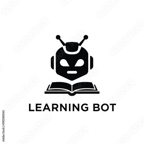 A minimalist black silhouette depicting a robot reading an open book accompanied by the text learning bot high quality professional