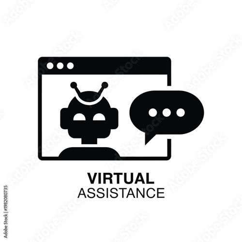 A black silhouette of a robotic head displayed within a screen alongside a speech bubble depicting virtual assistance high quality