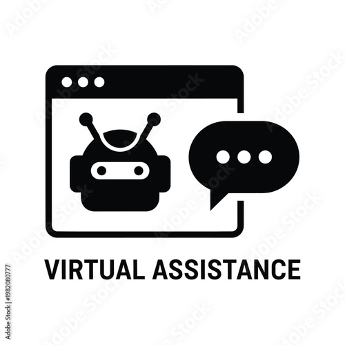 A minimalist black and white icon depicts a robotic face inside a screen with a chat bubble alongside it