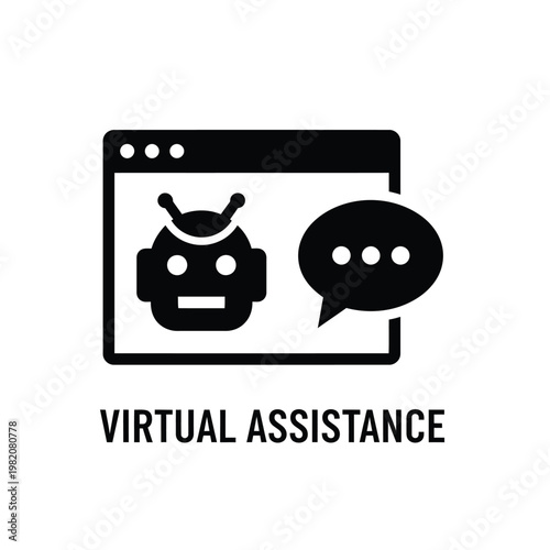 A simple black glyph depicts a robotic head within a screen alongside a speech bubble icon high quality professional detailed