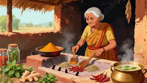 Nostalgic Vintage Illustration of Grandmother Cooking Ayurvedic Spices