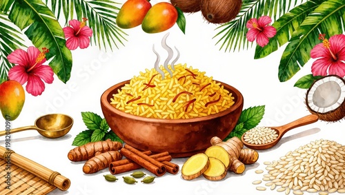 Bright Watercolor Illustration of Steaming Ayurvedic Saffron Rice