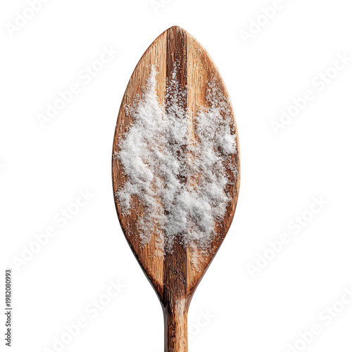 Wooden spoon holding a pile of white powder against a dark background