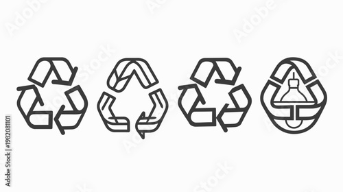 Four recycle icons in a row, the last incorporating a laboratory flask symbol