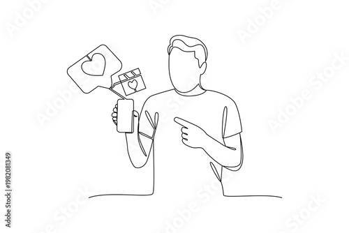 Influencer Promoting Product Through Social Media Platform. Digital Marketing Concept. Single line draw design. Vector graphic illustration