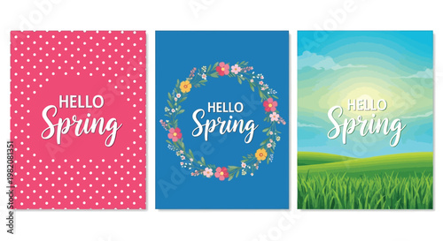 Spring, hello spring, floral greeting cards, colorful posters