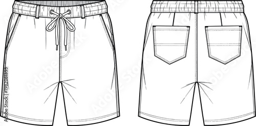 Men casual shorts fashion flat sketch vector template with front and back views elastic waistband drawstring and multiple pockets illustration