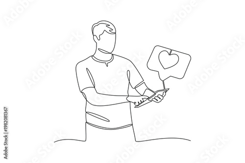 Man Presenting Online Engagement Strategy With Smartphone. Digital Marketing Concept. Single line draw design. Vector graphic illustration