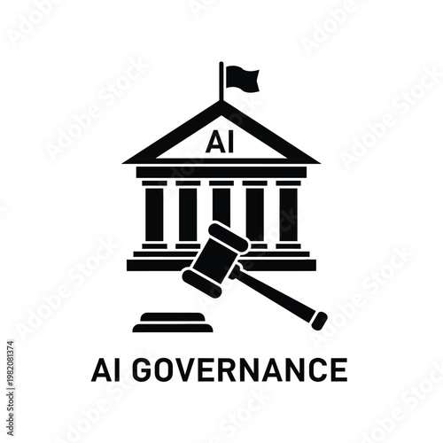 A stylized black graphic depicts a courthouse with a gavel symbolizing the integration of artificial intelligence into legal systems