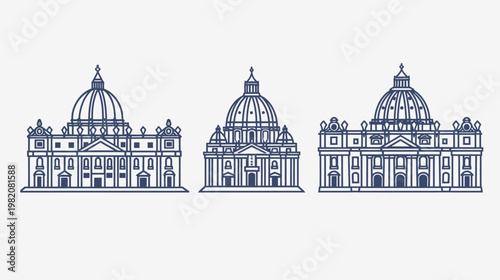 Three stylized, line-art illustrations of large buildings with domes on white