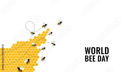 World Bee Day banner with bees and honeycomb pattern