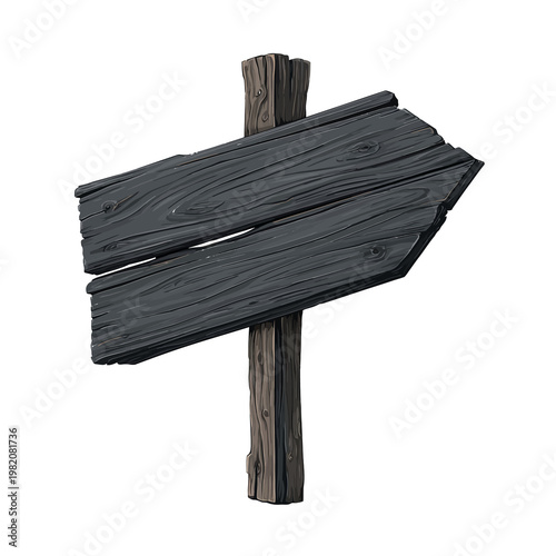 Rustic, weathered wooden signpost, pointing right with a dark, textured finish