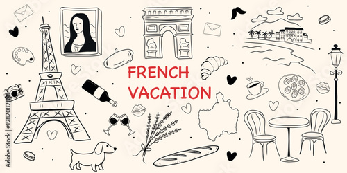 Hand-drawn French vacation doodle set featuring Paris landmarks, food and travel elements. Line art illustration with Eiffel Tower, croissant, wine, café scene and romantic symbols.