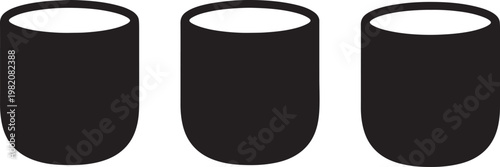 Vector illustration of black and white buttons, a badge, and a skateboard silhouette isolated with a metal tin, coffee cup, and green drink container